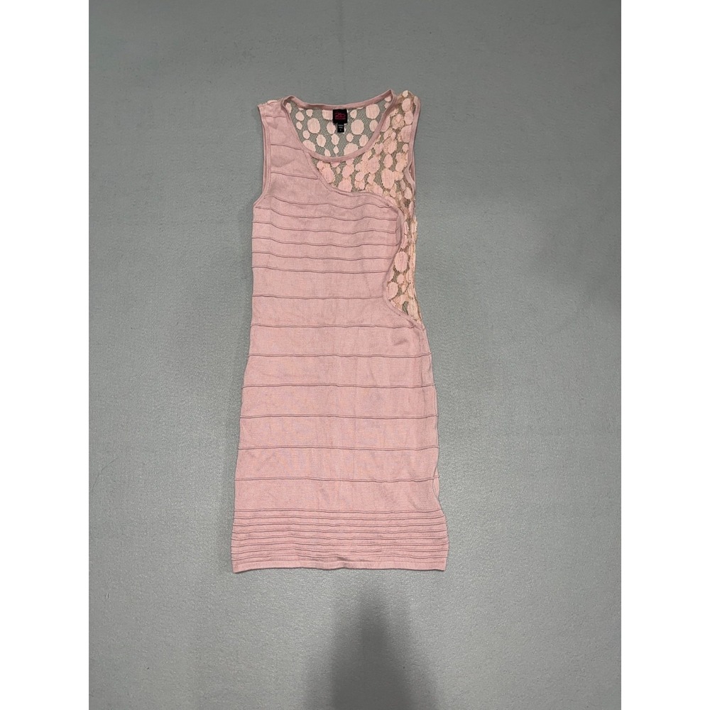 2B Bebe Pencil Dress Womens Large Rose Pink Rayon Stretch Lace Detail Round Neck